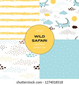 Safari themed vector seamless background set includes grunge stripes, crocodile, dotty abstract, polka dots patterns, vector graphics, kids and baby summer textile tee shirt apparel print