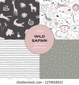 Safari themed vector seamless background set includes african wild animals, stripes, polka dots patterns, vector graphics, kids and baby summer textile tee shirt apparel print