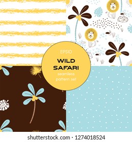 Safari themed vector seamless background set includes grunge stripes, lion, palm tree, polka dots patterns, vector graphics, kids and baby summer textile tee shirt apparel print