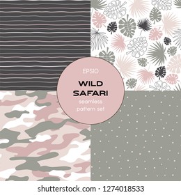 Safari themed vector seamless background set includes tropical leaves, stripes, polka dots and camouflage patterns, vector graphics, kids and baby summer textile tee shirt apparel print