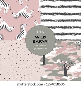 El conjunto de fondo transparente con temática de Safari incluye puntos de polka, rayas gruesas, patrones de cebra y camuflaje, gráficos vectoriales, niños y la impresión de prendas de pantalones textil de verano para bebés