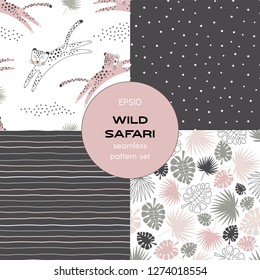 Safari themed vector seamless background set includes tropical leaves, stripes, polka dots and leopard patterns, vector graphics, kids and baby summer textile tee shirt apparel print