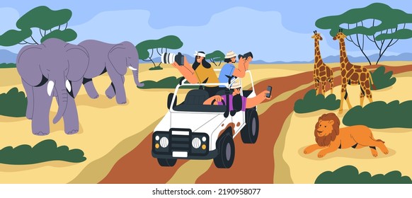 Visita a Safari en África. Turistas en auto sacando fotos de animales salvajes en sabana. Personas con cámaras viajando en vehículo, viaje de aventura para la vida silvestre. Viaje a la sabana africana. Ilustración vectorial plana