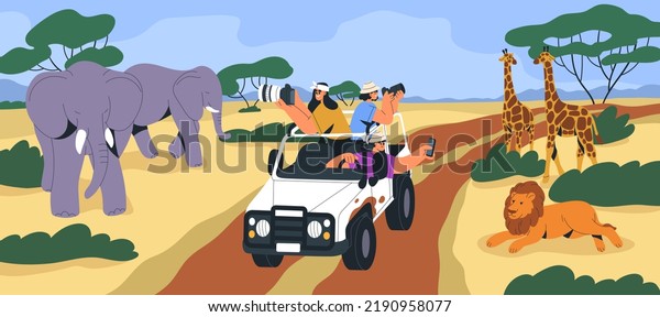 Safari tour in Africa. Tourists in car\
taking photos of wild animals in savannah. People with cameras\
riding vehicle, wildlife adventure trip. Journey to African\
savanna. Flat vector\
illustration