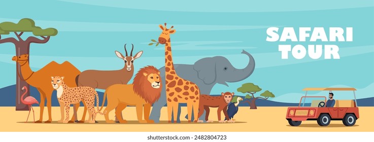 Tour de safari por la fauna africana. Diseño para turismo, viajes, expedición y aventura. Anuncio, Plantilla de póster. Horizontal paisaje africano con animales tropicales, árboles en colores cálidos. Vector