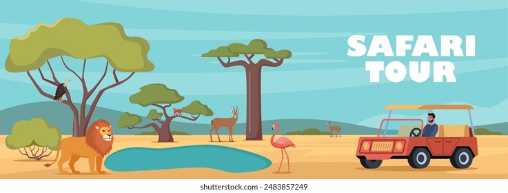 Safari tour of african wildlife. Design for tourism, travel, expedition and adventure. Banner, poster template. Horizontal African landscape with tropical animals, trees in warm colors. Vector