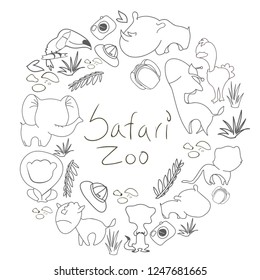 Safari tour. Animals and tour gear silhouettes. Kid style line art. Hand drawn vector illustration in a circle shape with a space for your text for social media, ads, or printed products.