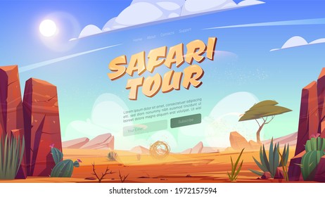 Safari tour cartoon landing page, Africa travel adventure, desert with rocks, tropical tree, grass and blooming cacti. African landscape with stones, dunes, tumbleweed and plants Vector illustration