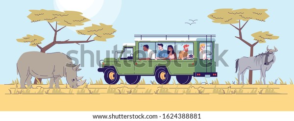 Safari\
tour flat doodle illustration. People observing wild animals from\
van in desert. Wildlife conservation park. Indonesia tourism 2D\
cartoon character with outline for commercial\
use