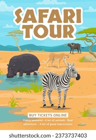 Viajero de la gira de Safari. Animales africanos de dibujos animados. Volante publicitario de viajes africano, afiche vectorial de demostración de aventura safari con hipopótamo, cebra, chita y animales de la sabana africana de búfalo