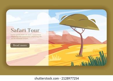Safari tour landing page template. African savannah landscape with tree, grass and mountains. Vector cartoon illustration, travel and adventure.