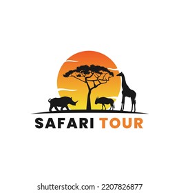 Safari Tour Logo Vector Or Simple Safari Travel Logo Vector. Safari Traveling. African Wild Animals Silhouettes Icon Style Design. Wildlife Safari Or Travel Africa Logo Design Vector.