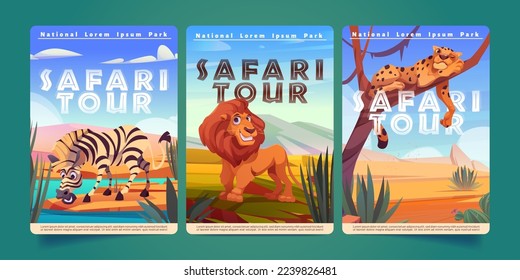 Safari tour posters with zebra, lion and cheetah in savannah. Natural park banners with savanna landscape with cute wild african animals, vector cartoon illustration