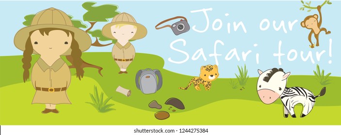 Safari tour scene. Two kids discover safari life. Cute hand drawn vector illustration. Minimalistic kid style facebook cover template. For your company presentation, promotion or other purposes.