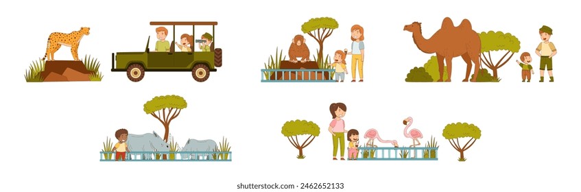 Safari Tour and Zoo Visit with Kids and Parent Watch Wild Animal Vector Set