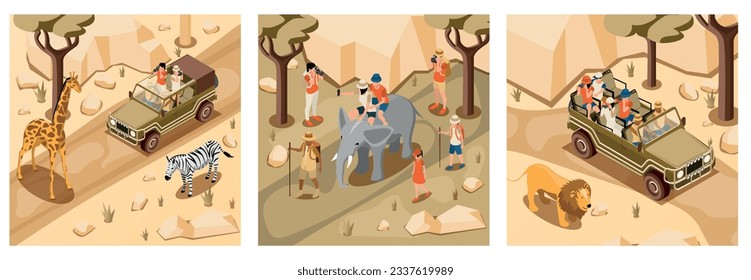 Safari tourist composition set with wild animals symbols isometric isolated vector illustration