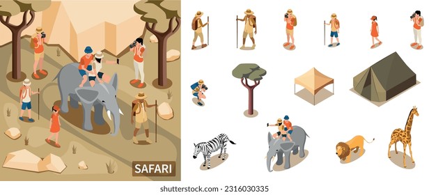 Safari tourist composition with sightseeing and exploration symbols isometric isolated vector illustration