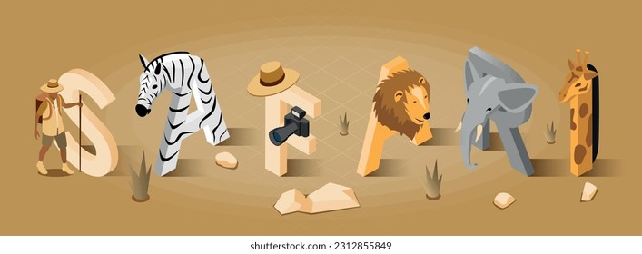 Safari tourist concept with zebra elephant and lion symbols isometric vector illustration