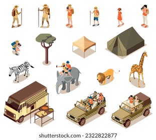 Safari tourist set with wild nature symbols isometric isolated vector illustration