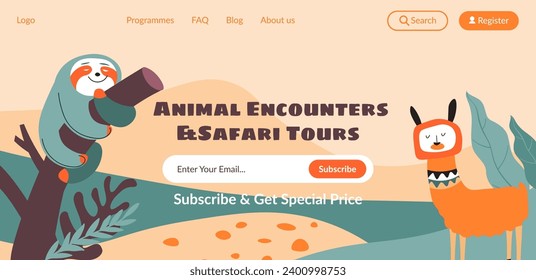 Safari tours and animal encounters, wildlife parks and zoo. Subscribe and get special price, buy tickets and meet cute fauna. Website landing page, internet site template. Vector in flat style