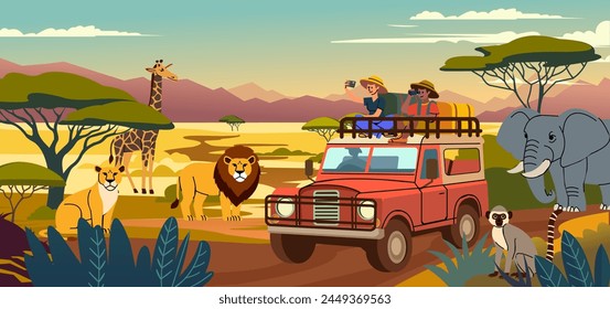 Safari travel. Cartoon African landscape. Savannah adventure. Automobile vacation. Wild animals. Explore expedition trip. Tourists in vehicle. Nature panorama. National park. Vector car tour banner