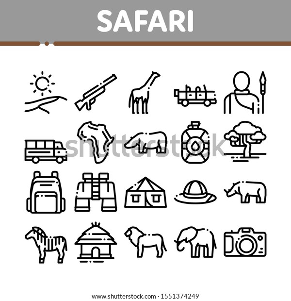 Safari Travel Collection Elements Icons Set\
Vector Thin Line. Animal And Africa, Car And Tree, Human Silhouette\
And Hat Safari Adventure Concept Linear Pictograms. Monochrome\
Contour Illustrations