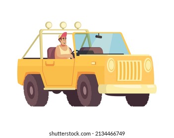 Safari travel composition with isolated view of man driving off road vehicle vector illustration