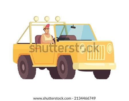 Safari travel composition with isolated view of man driving off road vehicle vector illustration