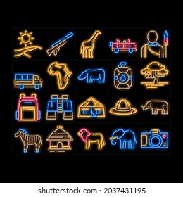 Safari Travel Elements neon light sign vector. Glowing bright icon  Animal And Africa, Car And Tree, Human Silhouette And Hat Safari Adventure Illustrations