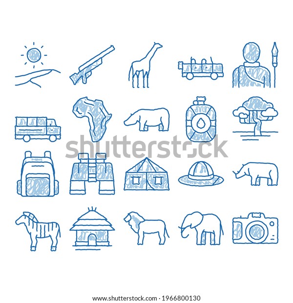 Safari Travel Elements sketch\
icon vector. Hand drawn blue doodle line art Animal And Africa, Car\
And Tree, Human Silhouette And Hat Safari Adventure\
Illustrations