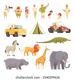 Safari travel funny flat icons collection with tourists jeep vehicle tent wild african animals isolated vector illustration