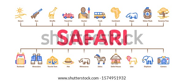 Safari Travel Minimal Infographic Web\
Banner Vector. Animal And Africa, Car And Tree, Human Silhouette\
And Hat Safari Adventure Concept\
Illustrations