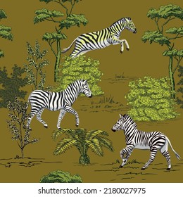 Safari trees, plant, zebra animal summer floral seamless pattern.Exotic African wallpaper.