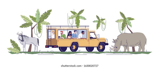 Safari trip flat doodle illustration. Group of people observing wild animals from vehicle in jungle. Wildlife conservation park. Indonesia tourism 2D cartoon character with outline for commercial use