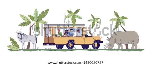 Safari trip flat doodle illustration. Group of people\
observing wild animals from vehicle in jungle. Wildlife\
conservation park. Indonesia tourism 2D cartoon character with\
outline for commercial\
use