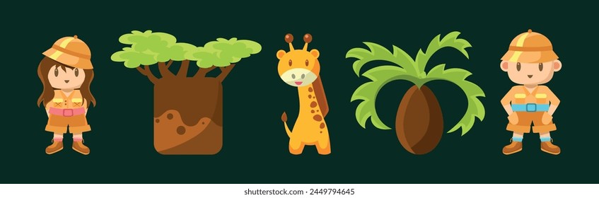 Safari Trip with Kid Explorer, Palm, Baobab and Giraffe Vector Set