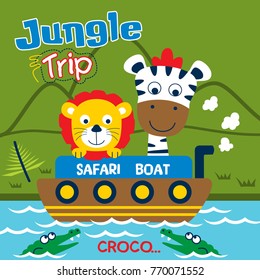 safari trip with lion and zebra funny cartoon,vector illustration