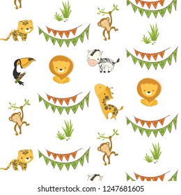 Safari trip pattern. Wild animals announcing birthday party. Hand drawn vector illustration for textile, wrapping paper, paper cup filling and etc.