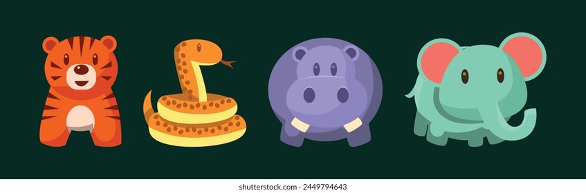 Safari Trip with Tiger, Snake, Hippo and Elephant Animal Vector Set