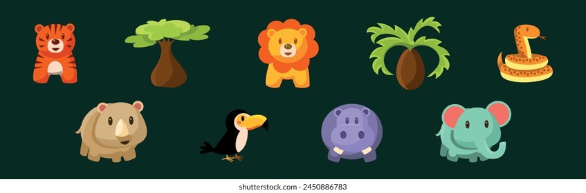 Safari Trip with Tiger, Tree, Lion, Snake, Toucan, Hippo and Elephant Vector Set