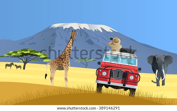 Safari truck in African savannah landscape painting
