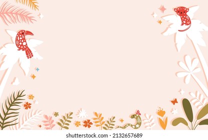 Fondo vectorial Safari. Ilustración de niños graciosos y pequeños con árboles tropicales y hojas dibujadas al estilo de las caricaturas. Hermoso paisaje de selva tropical horizontal con elementos decorativos abstractos