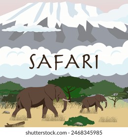 Safari vector. Elephants on the background of African nature. Nature safari. EPS 10.