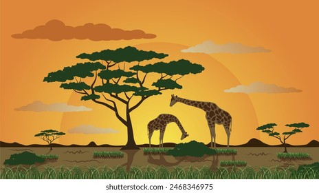 Safari vector. Giraffe on the background of the African sun. Nature safari. EPS 10.
