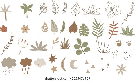 Safari vector plants, leaves, clouds, animal tracks. Neutral earthy colors