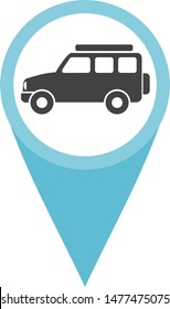 Safari vehicle. Sanctuary. Off road travel. Map element. Pinpoint special locations. Show directions. Icon with pointed end. Tourism industry places. Navigation app.