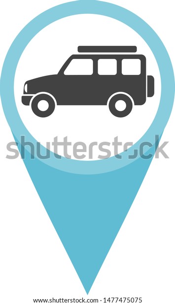 Safari vehicle. Sanctuary. Off\
road travel. Map element. Pinpoint special locations. Show\
directions. Icon with pointed end. Tourism industry places.\
Navigation app.