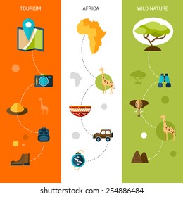 Safari vertical banners set with africa tourism and wild nature flat elements isolated vector illustration