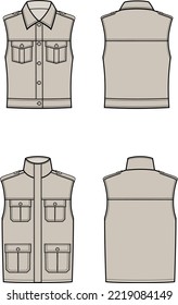 Safari vest flat sketch. Waistcoat apparel design. Front and back. Men and women CAD mockup. Fashion technical drawing template. Vector illustration.