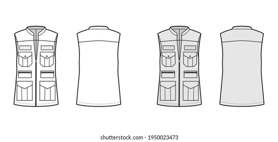 Safari vest waistcoat technical fashion illustration with sleeveless, stand collar, zip-up closure, pockets, oversized body. Flat template front, back, white, grey color. Women, men, unisex CAD mockup